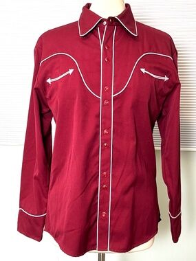 Scully Western Pearl Snap Shirt - Red w/Gray Piping Mens XS Long Sleeve